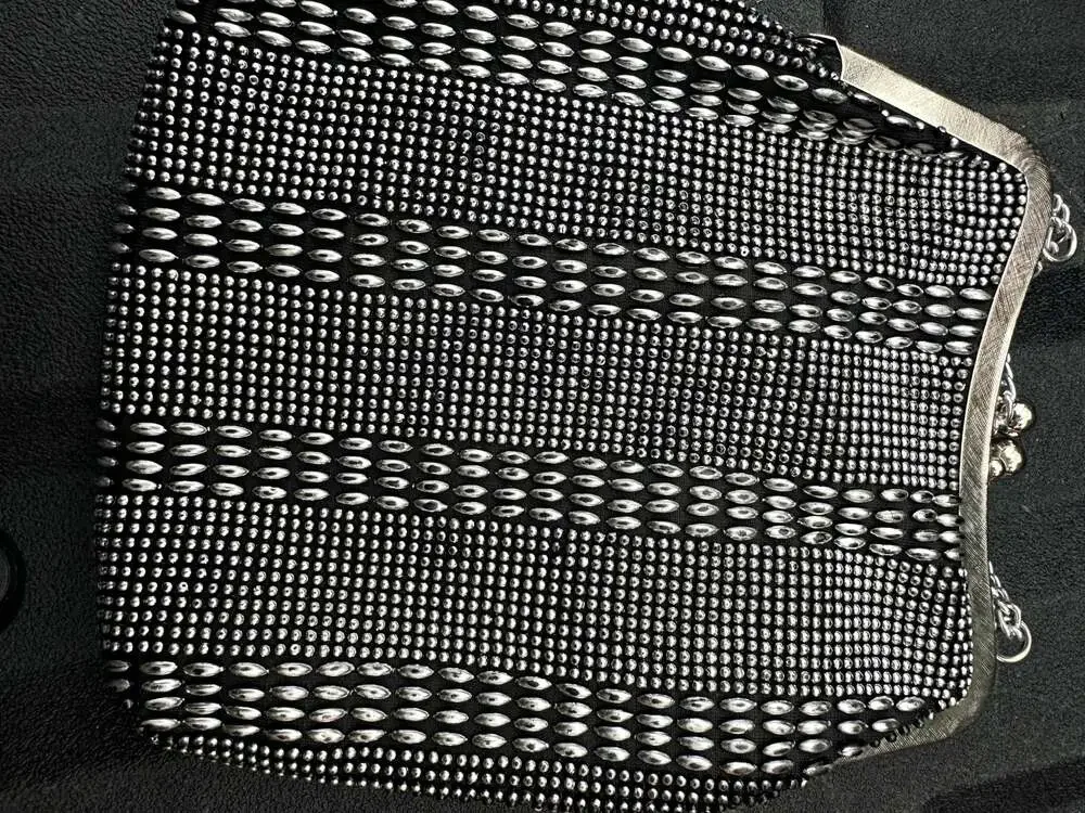 Vintage Black and Silver Metal Beaded Evening Clutch with Chain Strap